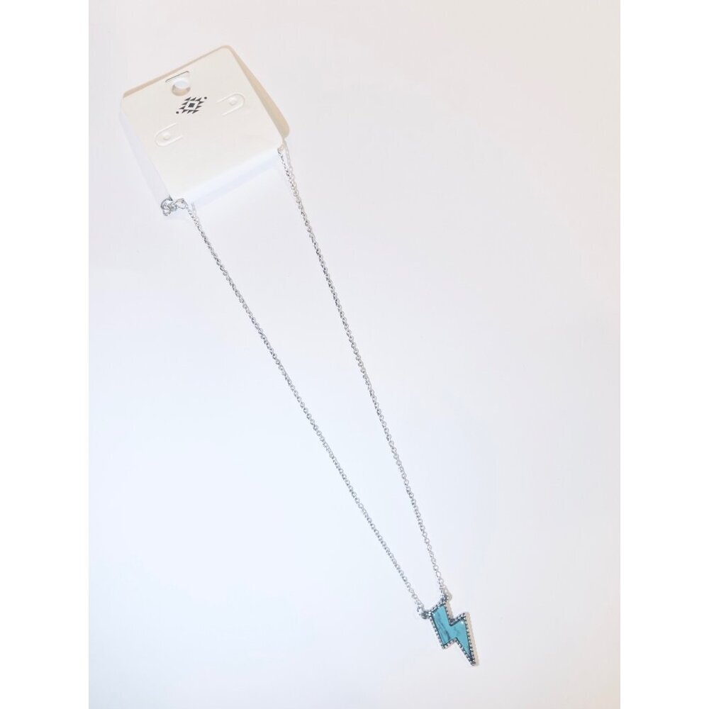 Lightning Bolt Pendant Necklace With Turquoise Inlay On Silver-Tone Chain - Picture 2 of 6